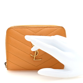 SAINT LAURENT Grain De Poudre Matelasse Chevron Monogram Compact Zip Around Wallet Senape Yellow