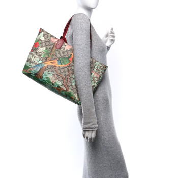GUCCI GG Supreme Monogram Tian Medium Shopping Tote Beige Multicolor Red