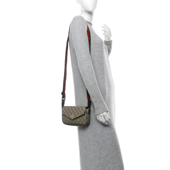 GUCCI GG Supreme Monogram Textured Dollar Calfskin Web Mini Ophidia Envelope Shoulder Bag Beige Ebony New Acero