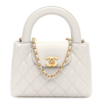 CHANEL Shiny Aged Calfskin Quilted Nano Kelly Shopper Light Grey