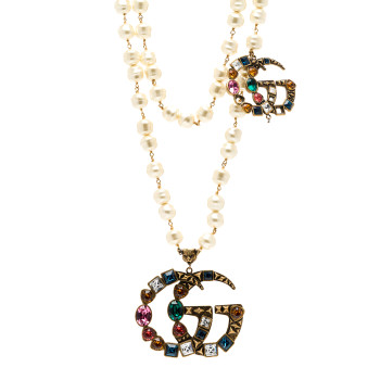 GUCCI Crystal Pearl Double G Necklace Aged Gold Multicolor