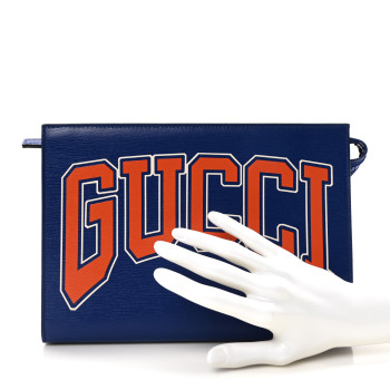 GUCCI New Shanghai Calfskin Interlocking G Logo Wristlet Pouch Cobalt Blue Orange