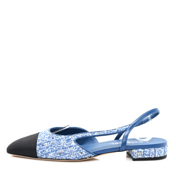 CHANEL Tweed Grosgrain Cap Toe Slingback Flats 39 Blue White Black