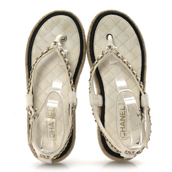 CHANEL Lambskin Chain CC Thong Espadrille Sandals 41 White