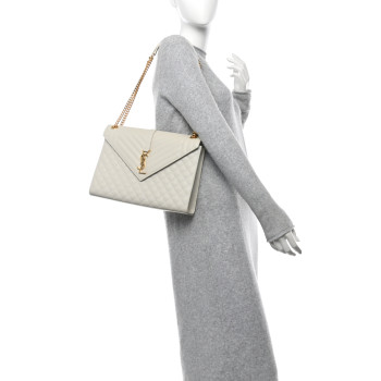 SAINT LAURENT Grain De Poudre Mixed Matelasse Large Triquilt Monogram Satchel Crema Soft