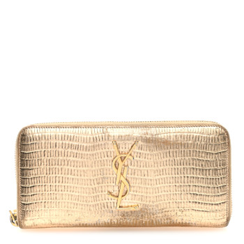 SAINT LAURENT Lizard Calfskin Embossed Monogram Zip Around Wallet Gold