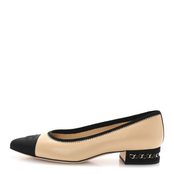 CHANEL Lambskin Grosgrain Cap Toe Chain Pumps 38 Beige Black