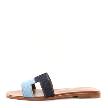 HERMES Denim Canvas Oran Sandals 37.5 Bleu Brut Bleu Clair