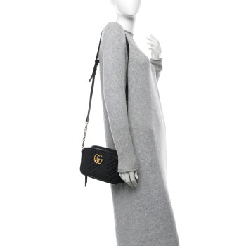 GUCCI Calfskin Matelasse Mini GG Marmont Chain Shoulder Bag Black