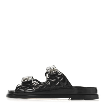 CHANEL Lambskin Quilted Velcro Dad Chain CC Slide Sandals 39 Black