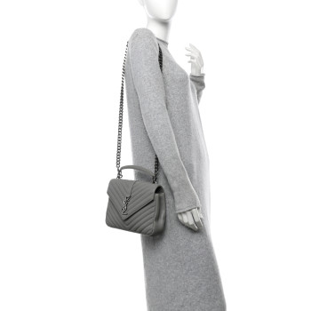 SAINT LAURENT Sheepskin Matelasse Chevron Monogram Medium College Bag Granite
