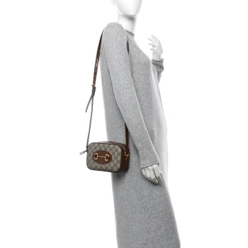 GUCCI GG Supreme Monogram Mini Horsebit 1955 Camera Shoulder Bag Beige Brown Sugar