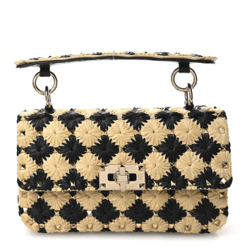 VALENTINO GARAVANI Raffia Embroidered Checkered Small Rockstud Spike Shoulder Bag Natural Black