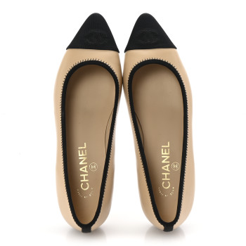 CHANEL Lambskin Grosgrain Cap Toe Chain Pumps 38 Beige Black
