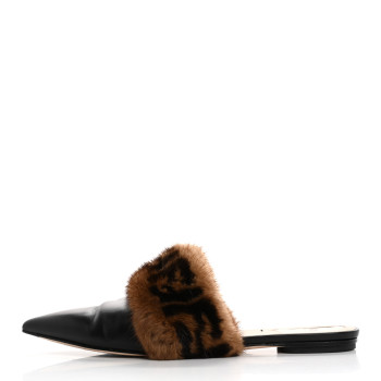 FENDI Calfskin Mink Fur FF Flat Mules 38.5 Black