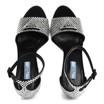 PRADA Satin Crystal Triangle Logo 40/135mm Platform Sandals 39 Cristal