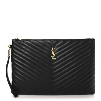 SAINT LAURENT Calfskin Matelasse Chevron Monogram Document Holder Black