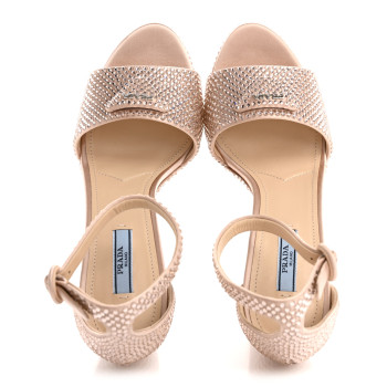 PRADA Satin Crystal Triangle Logo 40/135mm Platform Sandals 38.5 Alabastro