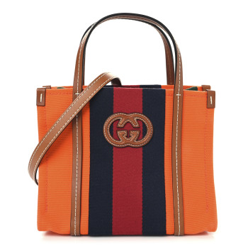 GUCCI Canvas Calfskin Web Mini Interlocking G Top Handle Tote Vibrant  Orange Hazel Brown