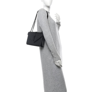 SAINT LAURENT Grain De Poudre Textured Mixed Matelasse Triquilt Medium Monogram Monochrome Satchel Black