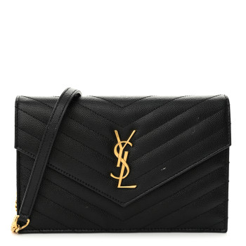 SAINT LAURENT Grain De Poudre Matelasse Chevron Monogram Envelope Chain Wallet Black