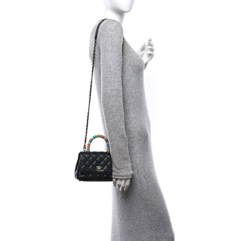 CHANEL Goatskin Quilted Rainbow Extra Mini Coco Handle Flap Black