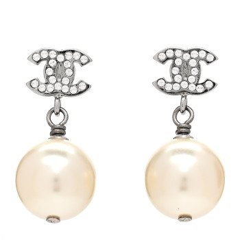 CHANEL Crystal Pearl CC Drop Earrings Silver Pearly White