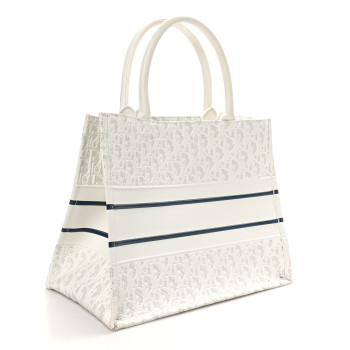 CHRISTIAN DIOR Calfskin Perforated Oblique Medium Book Tote White Blue