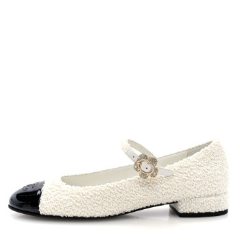 CHANEL Tweed Patent Mary Jane Flats 39.5 White Black