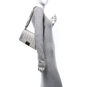 CHANEL Metallic Lambskin Perforated Quilted Medium Boy Flap Argent