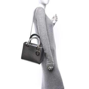 CHRISTIAN DIOR Metallic Patent Micro-Cannage Medium Lady Dior Silver