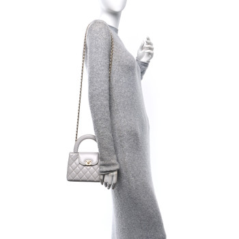 CHANEL Shiny Aged Calfskin Quilted Nano Kelly Shopper Light Grey