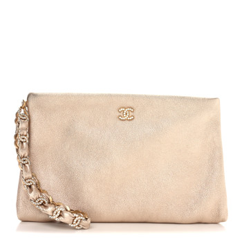 CHANEL Metallic Lambskin Crystal Medium CC Pouch With Handle Gold