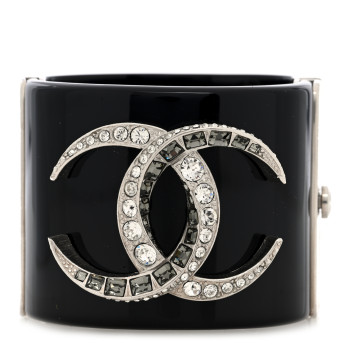 CHANEL Resin Baguette Crystal Dubai CC Cuff Bracelet Black Silver