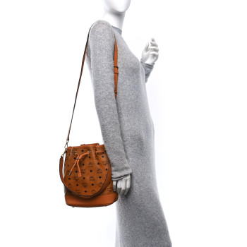 MCM Visetos Medium Dessau Drawstring Bucket Bag Cognac