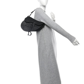 CHRISTIAN DIOR Calfskin Embossed Oblique Saddle Bag Black