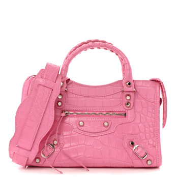 BALENCIAGA Shiny Supple Calfskin Crocodile Embossed Classic Silver Hardware Mini City Baby Pink