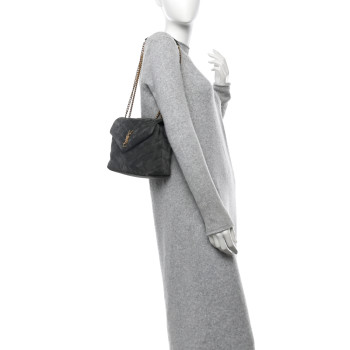 SAINT LAURENT Suede Calfskin Y Quilted Monogram Small Loulou Chain Satchel Storm