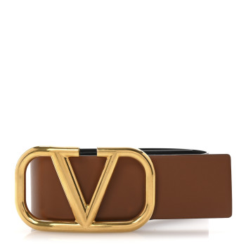 VALENTINO GARAVANI Glossy Calfskin VLogo Reversible 70mm Belt 70 28 Saddle Brown Black