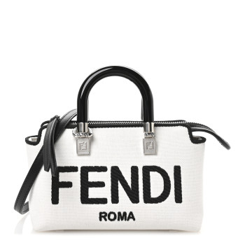 FENDI Canvas Vitello King Plexiglass Logo Embroidered Mini By The Way Top Handle Boston Bag White Rice Black