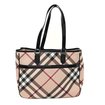 BURBERRY Nova Check Patent Medium Emmy Tote Black