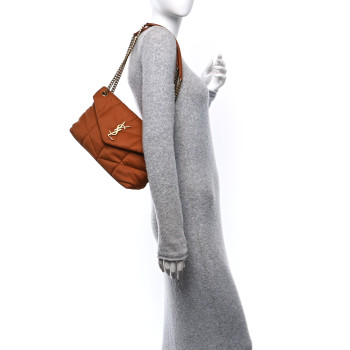 SAINT LAURENT Canvas Quilted Small Loulou Puffer Monogram Chain Satchel Cinnamon