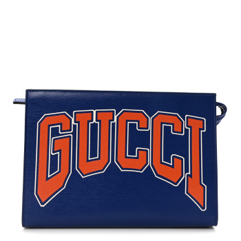 GUCCI New Shanghai Calfskin Interlocking G Logo Wristlet Pouch Cobalt Blue Orange