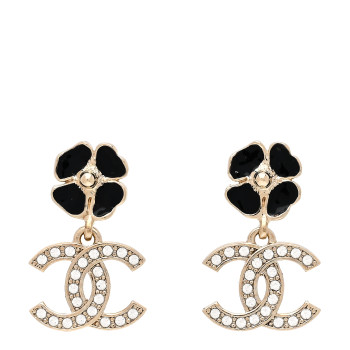 CHANEL Crystal Resin Camellia CC Drop Earrings Gold Black