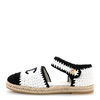 CHANEL Braided Knit Cap Toe CC Ankle Strap Espadrilles 39 White Black