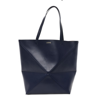 LOEWE Shiny Calfskin Large Puzzle Fold Tote Abyss Blue