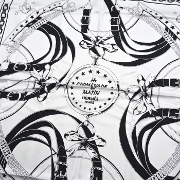 HERMES Silk La Promenade du Matin Bandana Double Face Scarf 140 White Bleu Black Vert Cypres