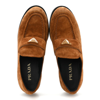 PRADA Suede Metal Triangle Logo 20mm Loafers 40 Light Brown