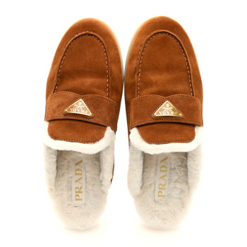 PRADA Suede Shearling Triangle Logo Loafer Mules 37 Cognac