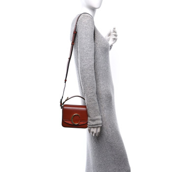 CHLOE Shiny Calfskin Suede Mini C Double Carry Sepia Brown